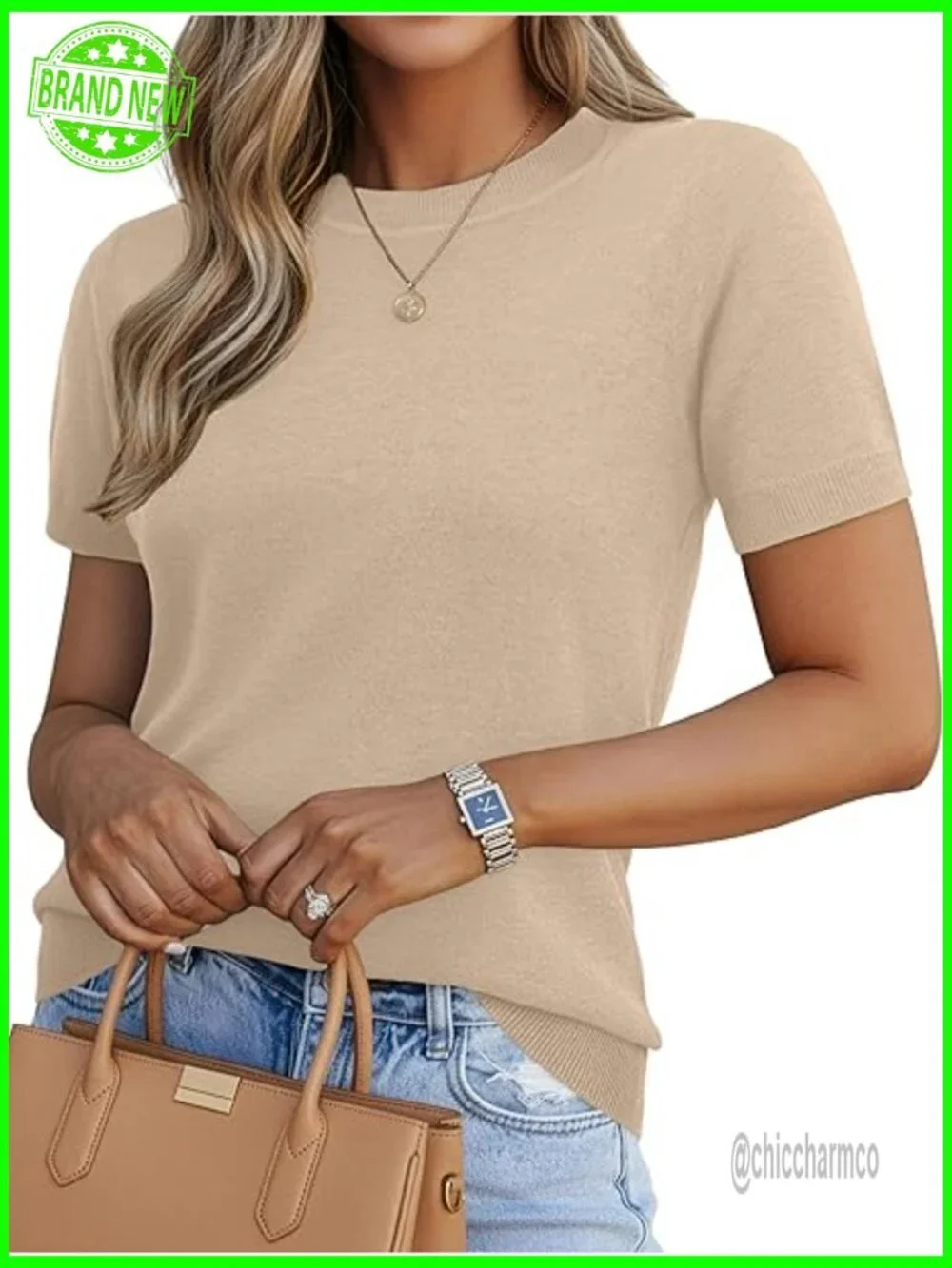 Lightweight Wool Blend Short Sleeve Crew Neck Knit Pullover Sweater